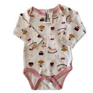 Baby Gear Girl Long Sleeve Bodysuit White Pink Trim Christmas Theme Design 6-9 M